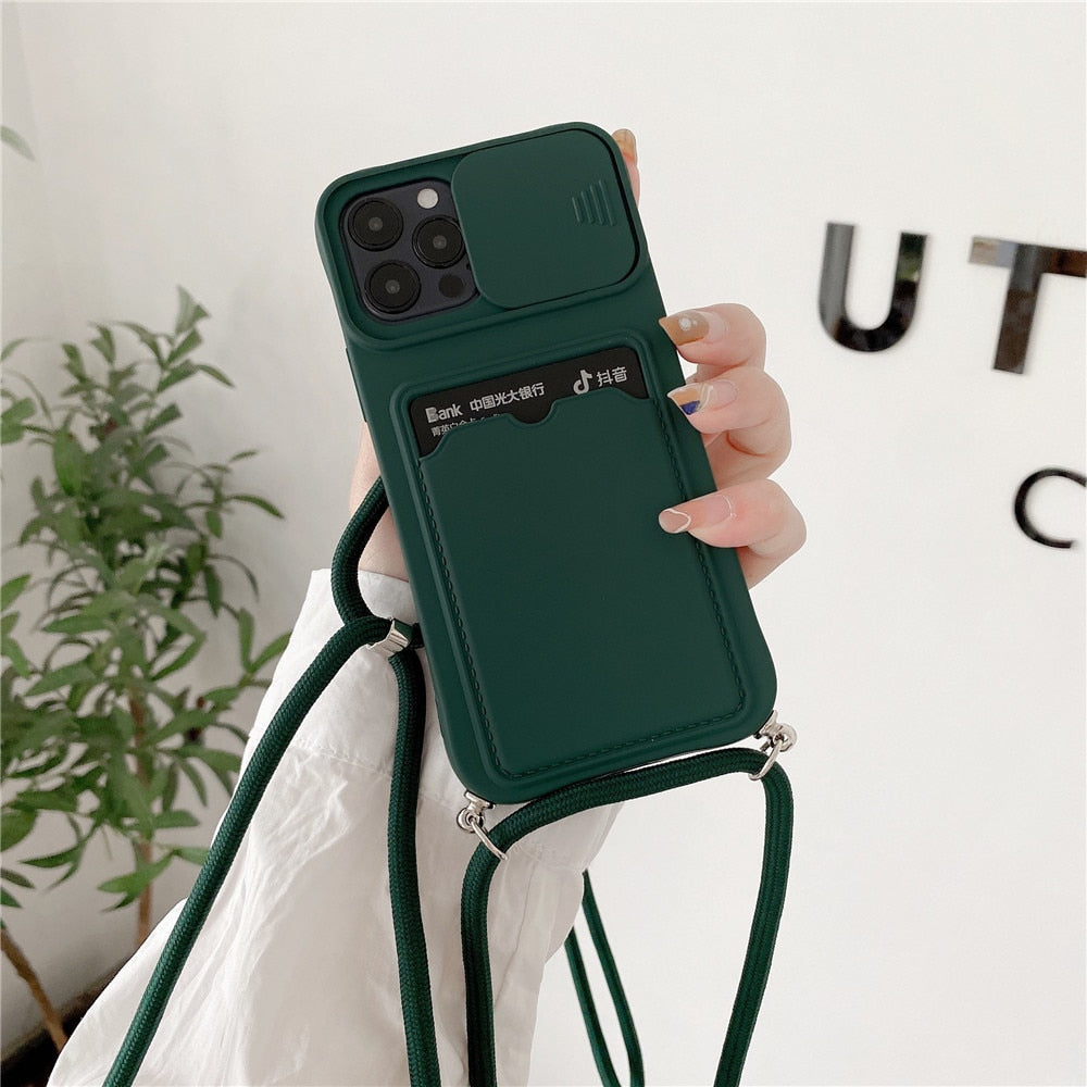 Anymob iPhone Case Army Green Crossbody Camera Lens Protect Wallet Card Necklace Lanyard Cover-Mobile Phone Cases-PEROZ Accessories