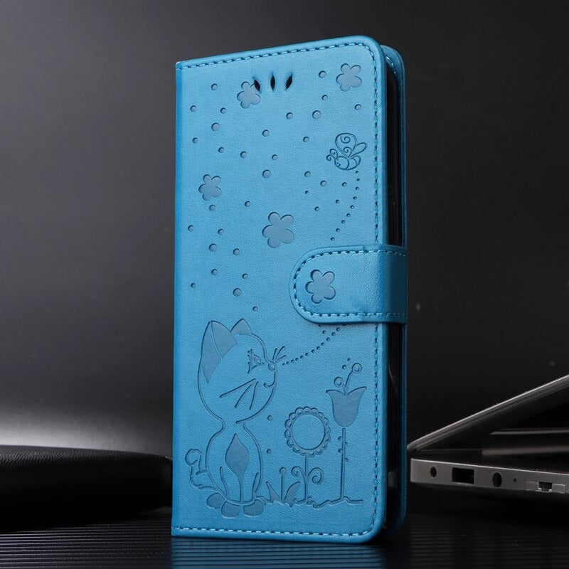Anymob Samsung Case Blue Flip Leather 3D Cat Embossed PU Leather Wallet Cover Protection-Mobile Phone Cases-PEROZ Accessories