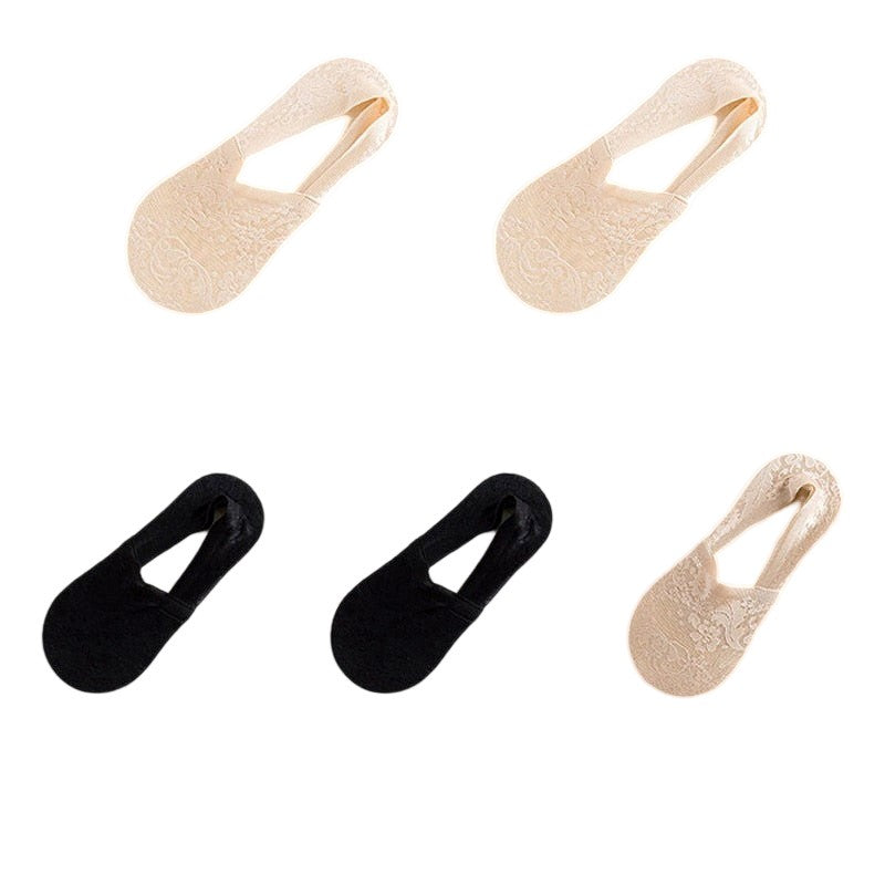 Anysox 5 Pairs Size 5-9 Fashion Socks Lace Flower Style Breathable Antiskid Invisible Ankle Socks for Women (2 Skin, 2 Black, 1 Khaki)-Socks-PEROZ Accessories