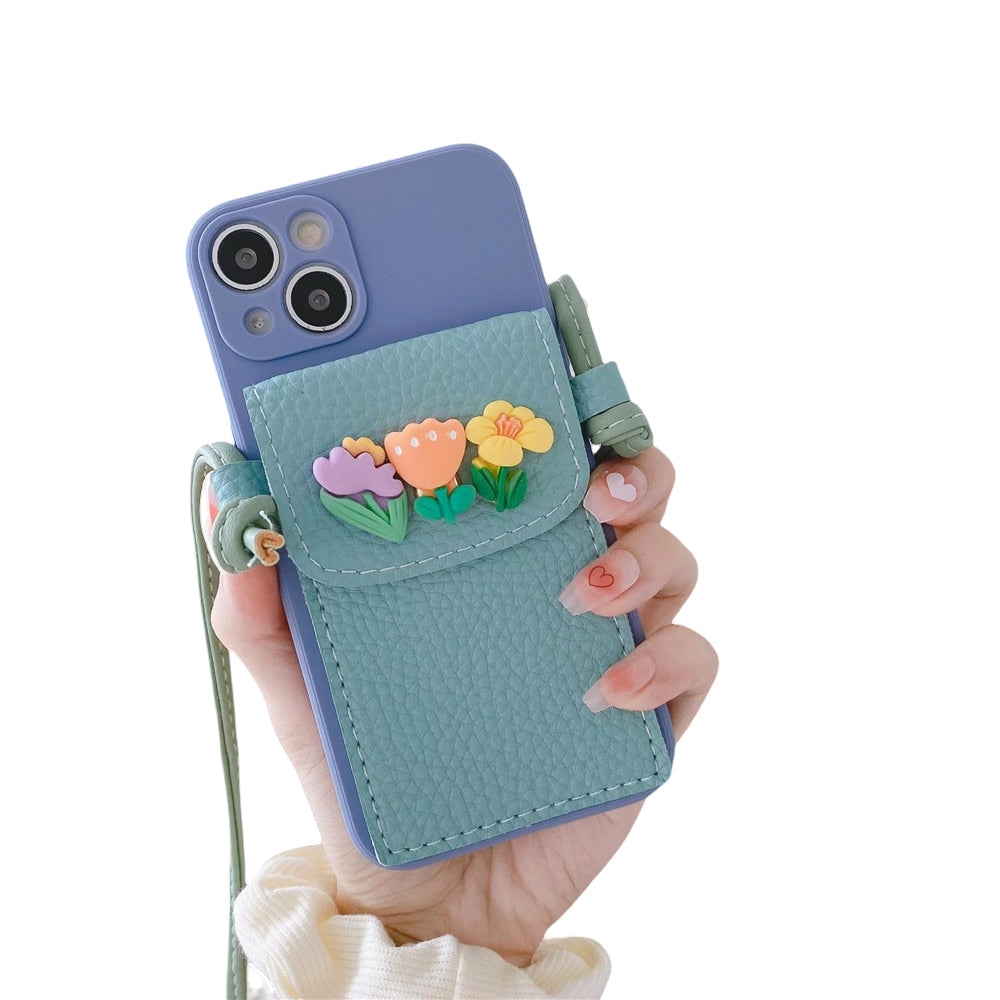 Anymob iPhone Blue Crossbody Lanyard Rope Card Slot Holder Case Flowers Soft Silicone Cover-Mobile Phone Cases-PEROZ Accessories