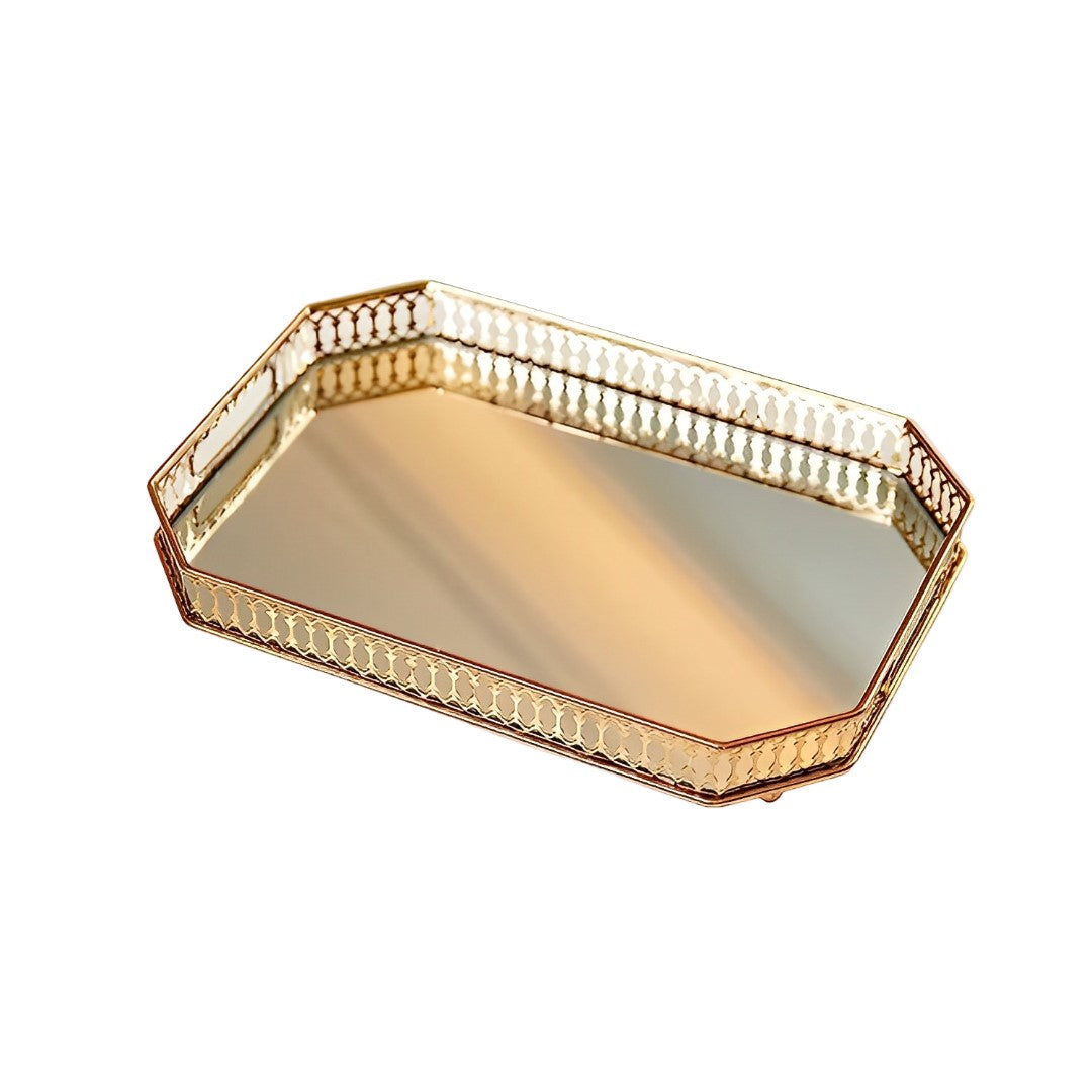 Anyhouz 29cm Gold Rectangle Glass Mirror Base Metal Vanity Food Serving Organisr Jewelry Cosmetics Storage Tray with Handle-Food &amp; Accessory Tray-PEROZ Accessories