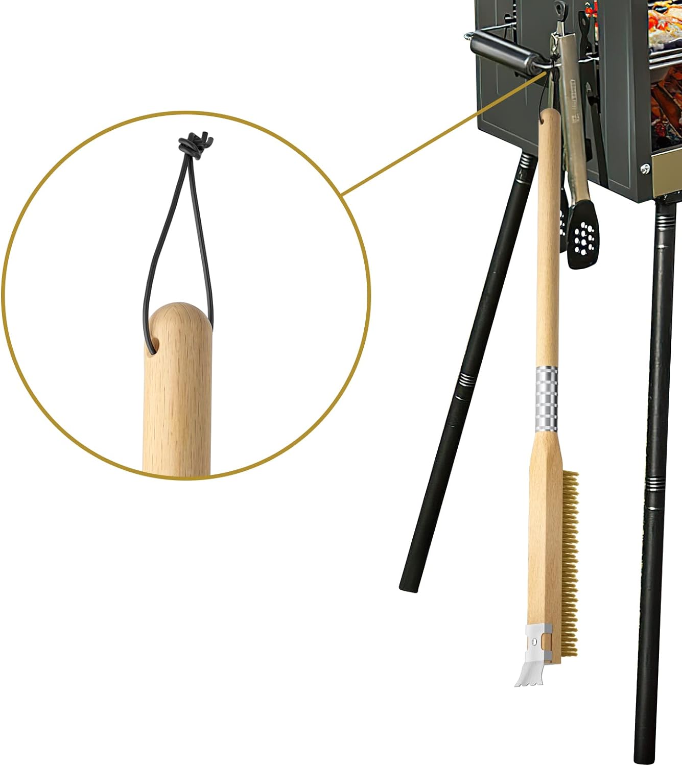 AnyGleam Wooden 65cm Pizza Oven Copper Brush with Metal Scraper Tool Cleaning Accessories-Pizza Makers &amp; Ovens-PEROZ Accessories