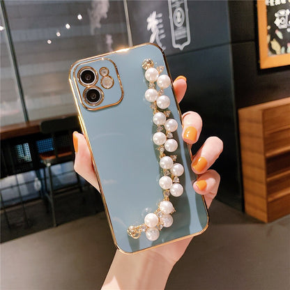 Anymob iPhone Case Light Blue Plating Pearl Chain Wrist Band Soft Silicone Cover-Mobile Phone Cases-PEROZ Accessories