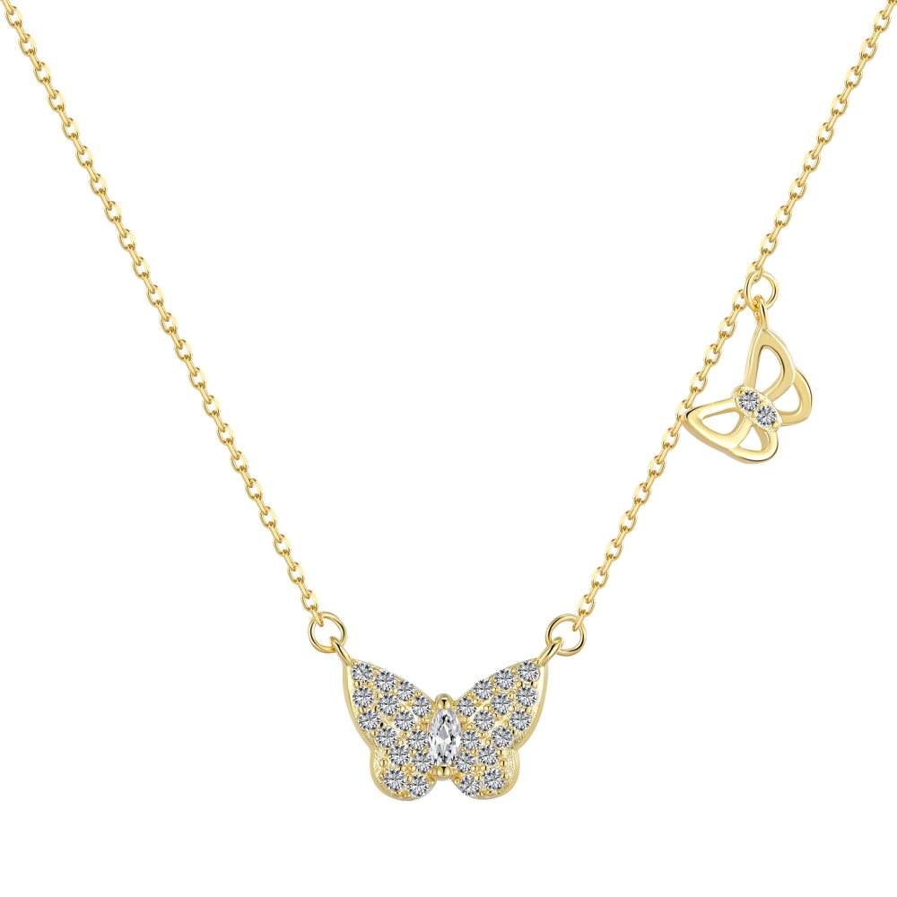 Anyco Necklace Gold 925 Sterling Silver Necklace Cubic Zircon 18K Gold Plated Jewelry Delicate Double Butterfly Pendent For Women-Necklace-PEROZ Accessories