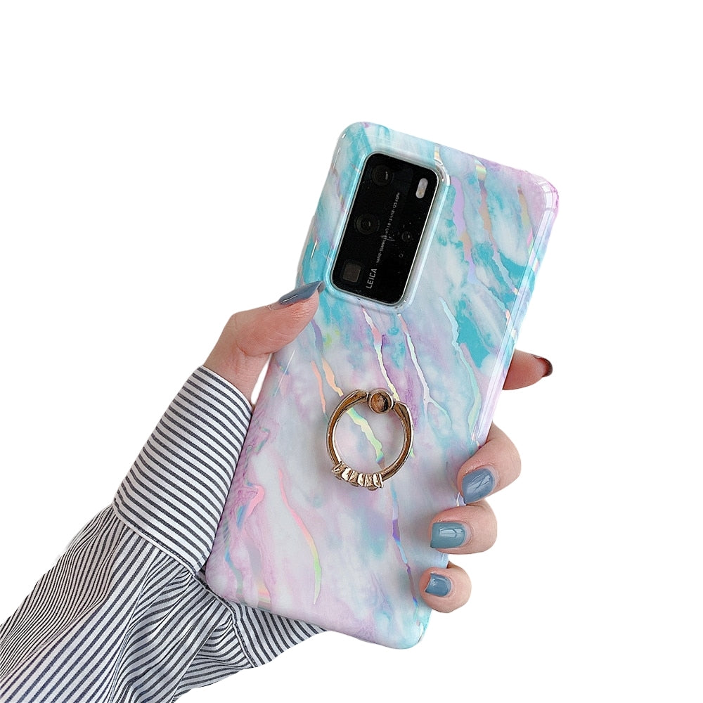Anymob Samsung Blue And Pink Marble Finger Ring Phone Case Soft Silicon Cover-Mobile Phone Cases-PEROZ Accessories