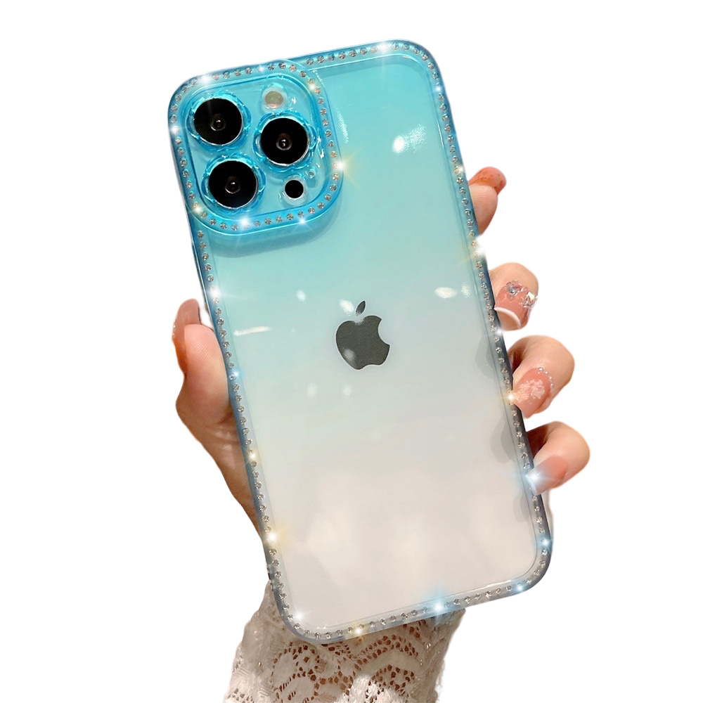 Anymob iPhone Case Aqua Blue Gradient Transparent Diamond Frame Lens Protection Shockproof Bumper Soft Cover-Mobile Phone Cases-PEROZ Accessories