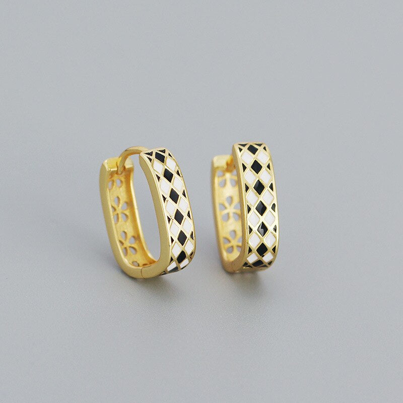 Anyco Hoop Fashion Earrings Statement Checkerboard Enamel Ear Buckle Women Charms Punk Party Jewelry Gold-Earrings-PEROZ Accessories