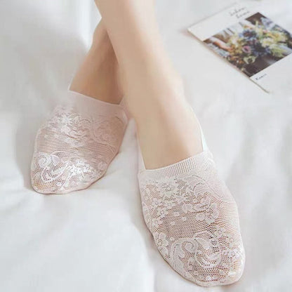 Anysox 5 Pairs Size 5-9 Fashion Socks Lace Flower Style Breathable Antiskid Invisible Ankle Socks for Women Grey-Socks-PEROZ Accessories