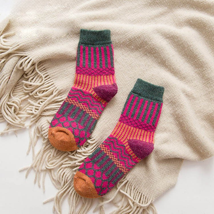 Anysox 5 Pairs Size 5-9 Fashion Socks Colorful Wind-Flowers Cotton Winter Thick Warm Wool Casual for Women Green-Socks-PEROZ Accessories