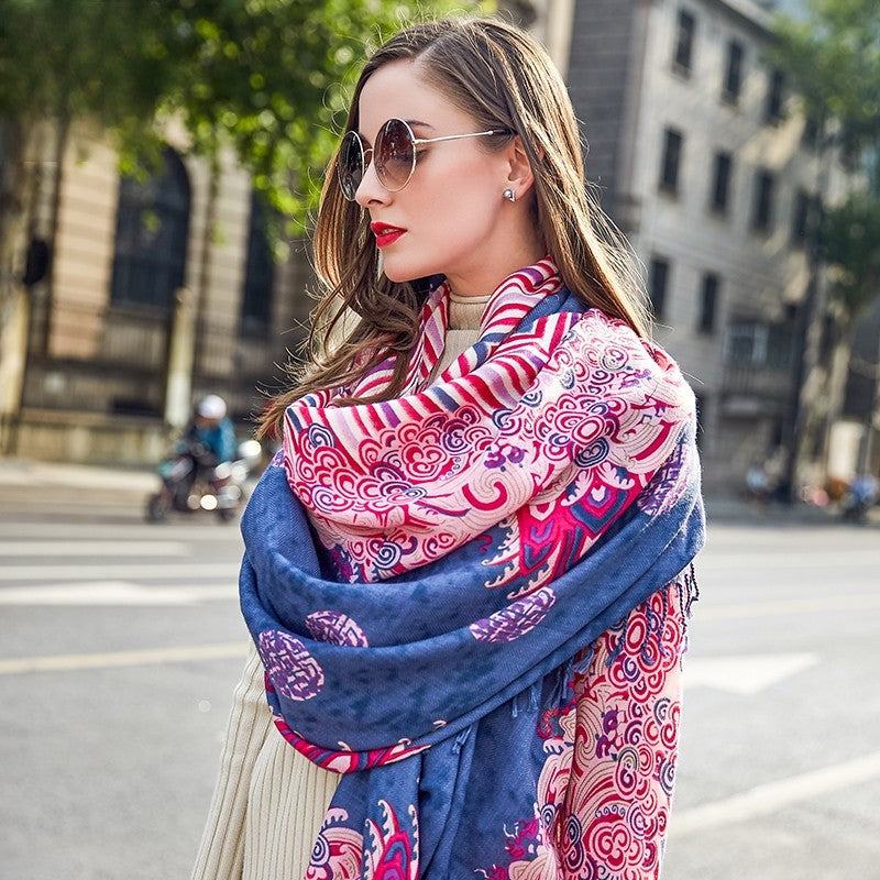 Anyyou 100% Pure Merino Wool Fuscia Pink Poncho Winter Large Scarf Pashmina Shawl Bandana Neck Wrap For Women-Scarves-PEROZ Accessories