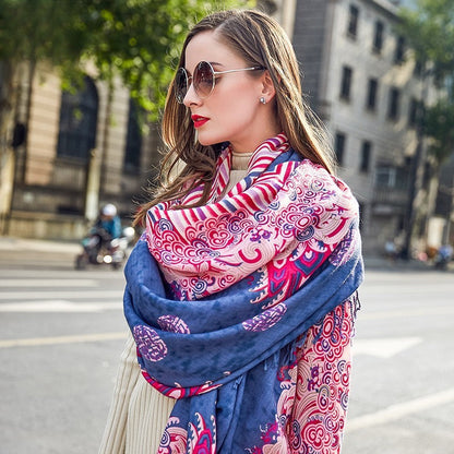 Anyyou 100% Pure Merino Wool Fuscia Pink Poncho Winter Large Scarf Pashmina Shawl Bandana Neck Wrap For Women-Scarves-PEROZ Accessories
