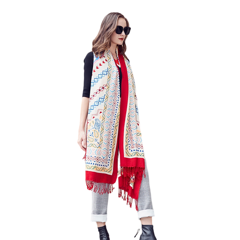 Anyyou 100% Merino Wool Red White Crossover Line Pattern Silk Satin Large Winter Scarf Pashmina Shawl Bandana Perfect For Women Ladies Fashion Style-Scarves-PEROZ Accessories