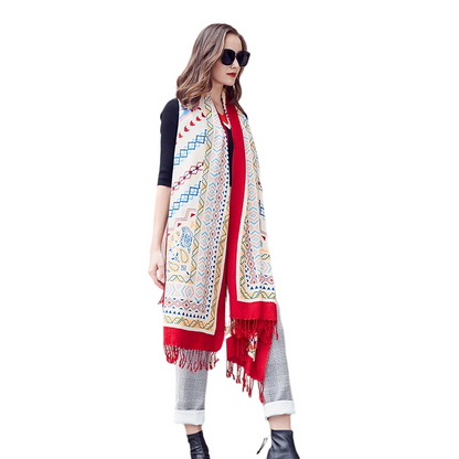 Anyyou 100% Merino Wool Red White Crossover Line Pattern Silk Satin Large Winter Scarf Pashmina Shawl Bandana Perfect For Women Ladies Fashion Style-Scarves-PEROZ Accessories