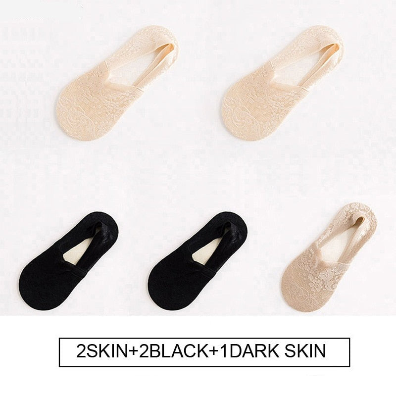 Anysox 5 Pairs Size 5-9 Fashion Socks Lace Flower Style Breathable Antiskid Invisible Ankle Socks for Women (2 Skin, 2 Black, 1 Khaki)-Socks-PEROZ Accessories