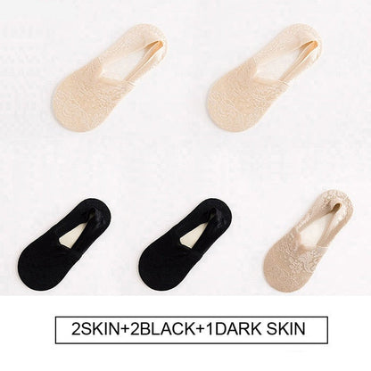 Anysox 5 Pairs Size 5-9 Fashion Socks Lace Flower Style Breathable Antiskid Invisible Ankle Socks for Women (2 Skin, 2 Black, 1 Khaki)-Socks-PEROZ Accessories