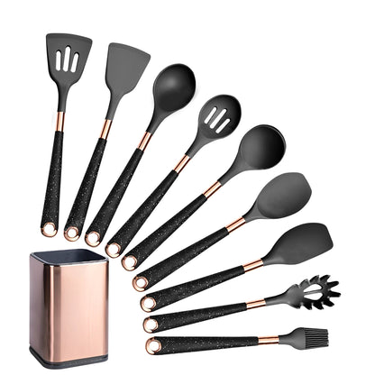 Anygleam Kitchen Utensils Non-stick Black 9 Set Gold Plated Handle with Support Point and Storage Box Cooking Tool Accessories Heat Resistant Kitchenware-Spatula and Shovel-PEROZ Accessories