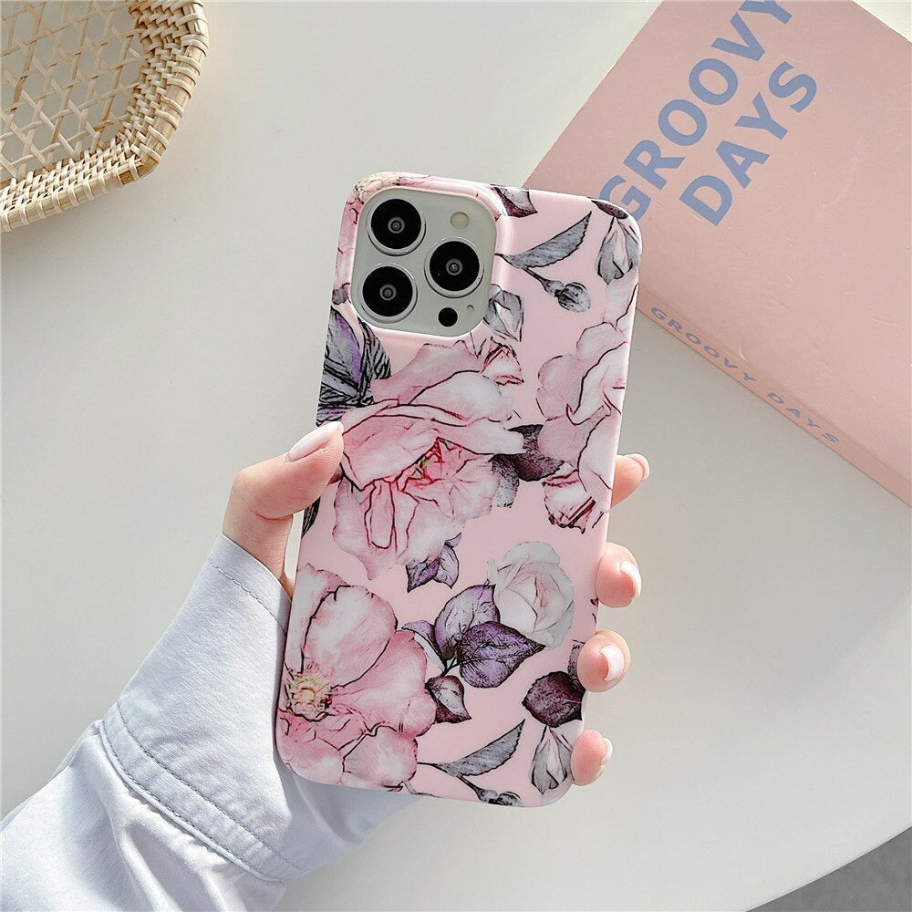 Anymob iPhone Case Silver Pink Retro Flower Silicone Plus Silky Design Shockproof Protection Durable Phone Cover iPhone Compatible-Mobile Phone Cases-PEROZ Accessories