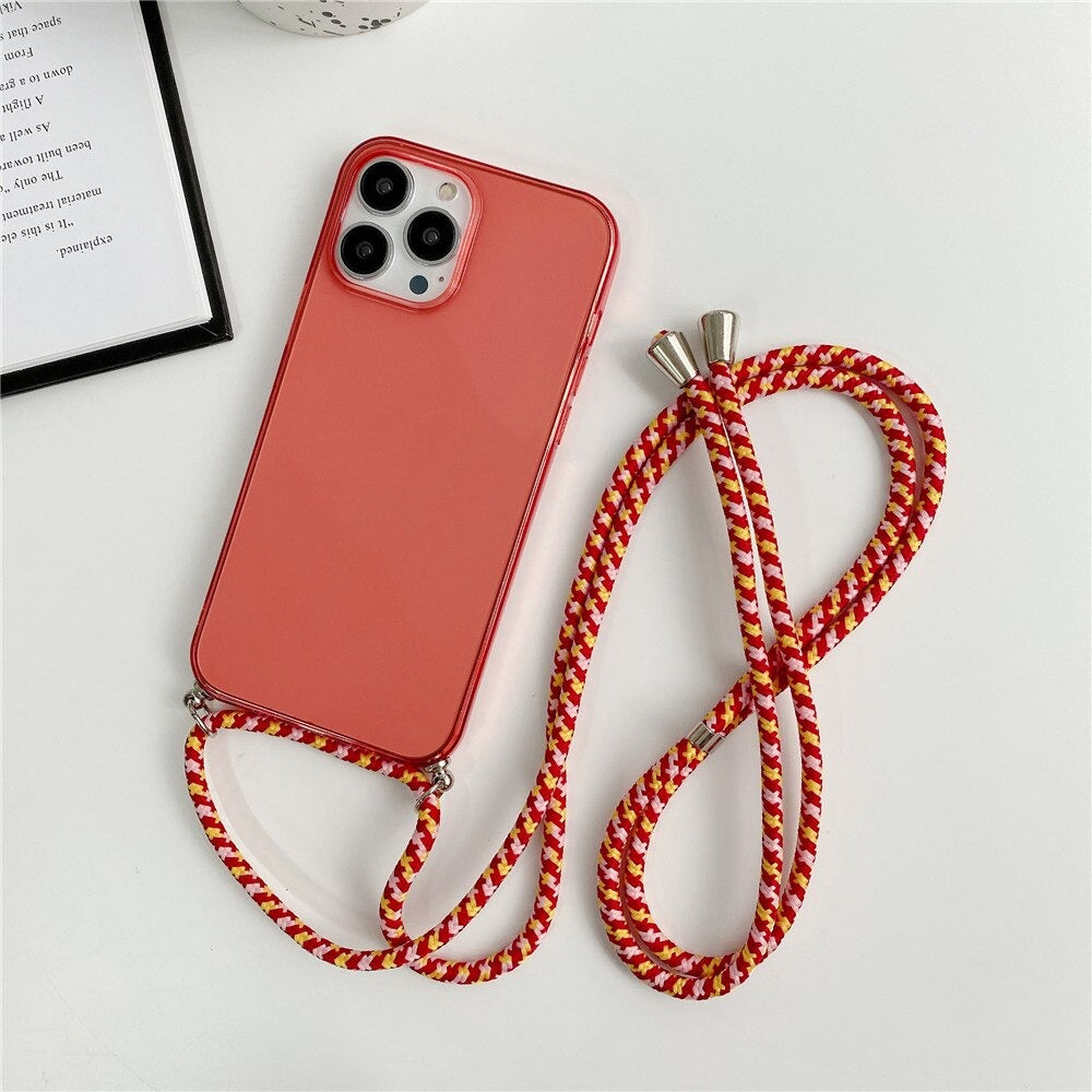 Anymob iPhone Case Red Transparent Candy Color Crossbody Necklace Lanyard Mobile Cover iPhone 13 12 Pro Max 11 Pro Max X XS Max XR Compatible-Mobile Phone Cases-PEROZ Accessories