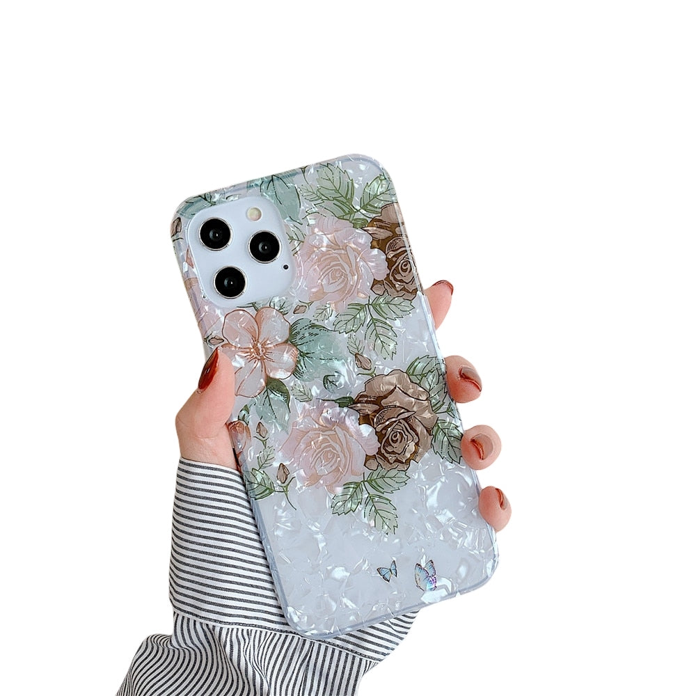Anymob iPhone Brown Rose Shell Pattern Flowers Phone Cover With Ring Holder-Mobile Phone Cases-PEROZ Accessories