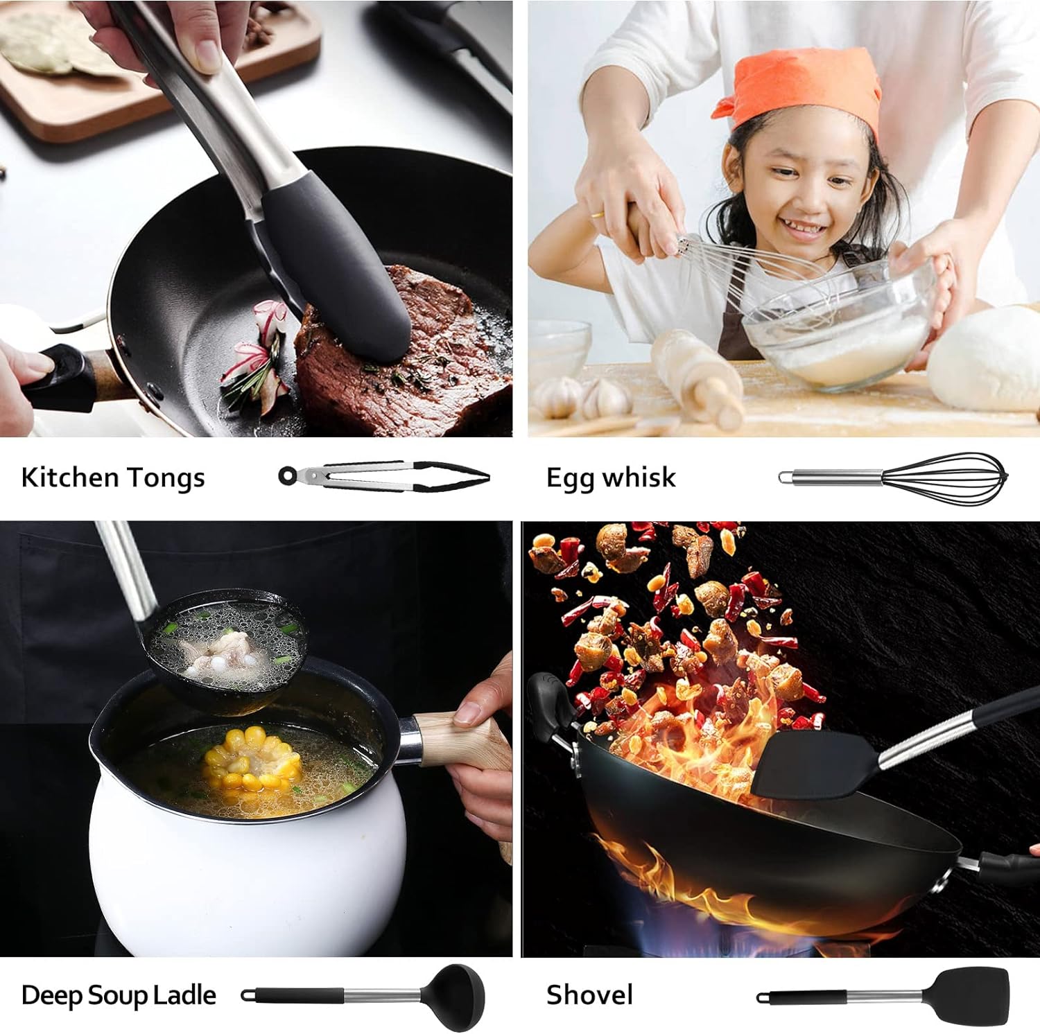 Anygleam Kitchen Utensils Non-stick Grey/ Silver 5 Set Cooking Tool Accessories Heat Resistant Kitchenware-PEROZ Accessories