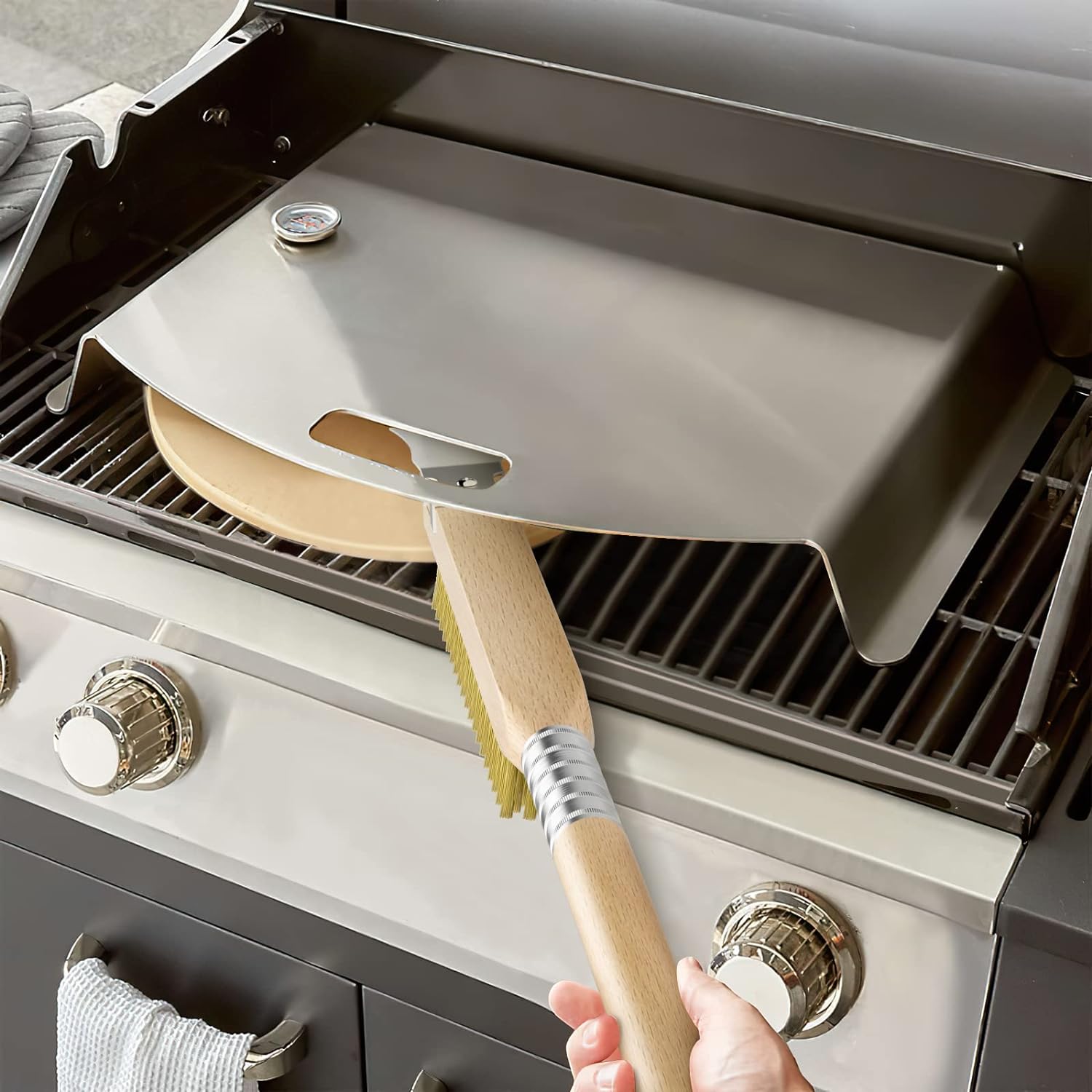 AnyGleam Wooden 65cm Pizza Oven Copper Brush with Metal Scraper Tool Cleaning Accessories-Pizza Makers &amp; Ovens-PEROZ Accessories