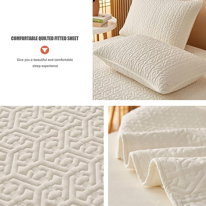 Anyhouz Mattress Cover Beige Twin Size Pure Cotton Soft Quilted Bed Sheet Anti-bacterial Protector Cover-Mattress Protectors-PEROZ Accessories