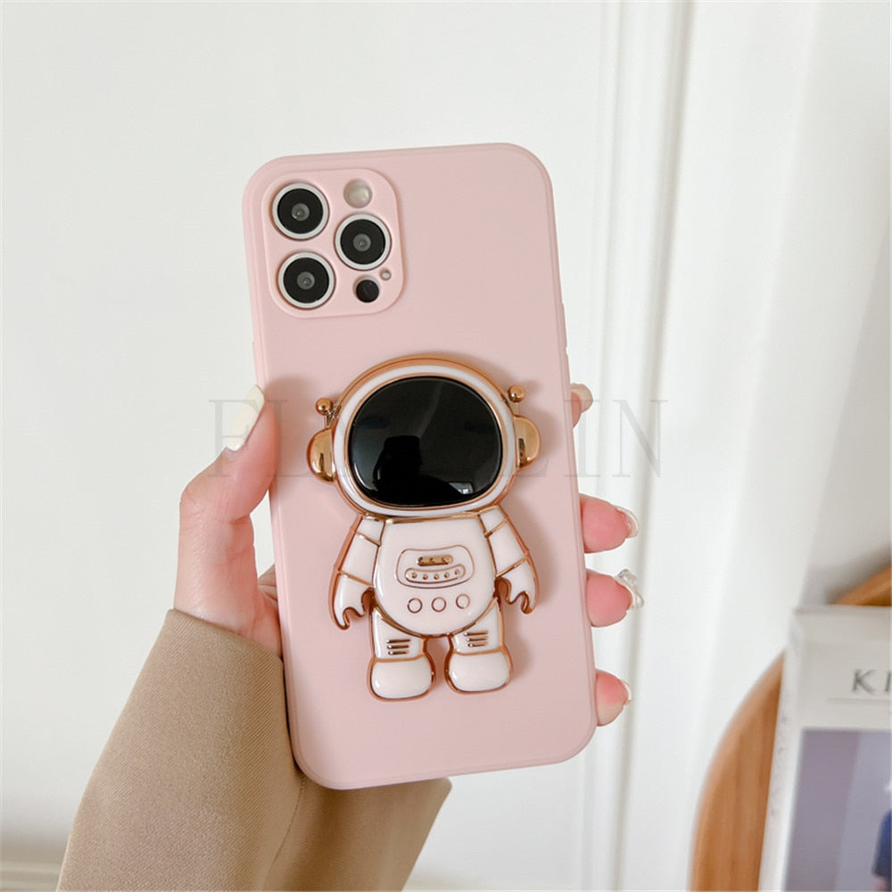 Anymob iPhone Case Soft Pink Silicone Cute Astronaut Stand Holder Lens Protect Phone Cover-Mobile Phone Cases-PEROZ Accessories