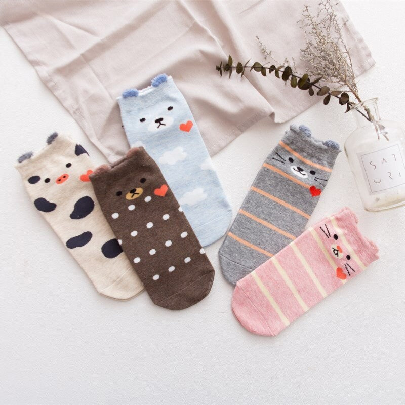Anysox 5 Pairs One Size 5-9 Mixed Color Farm Animals Spring Summer Fashion Women Cotton Sox Cartoon Cute Girl Happy Funny Socks-Socks-PEROZ Accessories