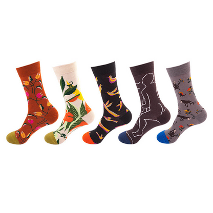 Anysox 5 Pairs One Size 5-11 Mixed Color Set Christmas Socks Animals Cotton Fashion Woman Skateboard Oil Paitiing-Socks-PEROZ Accessories