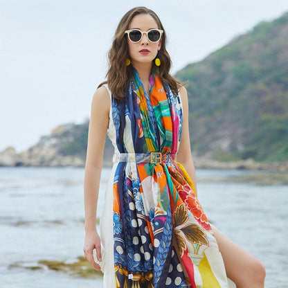 Anyyou 100% Mulberry Silk Blue Long Scarf Luxury Brand Women Beach Shawl Wear Swimwear Pashimina Face Shield Foulard-Scarves-PEROZ Accessories