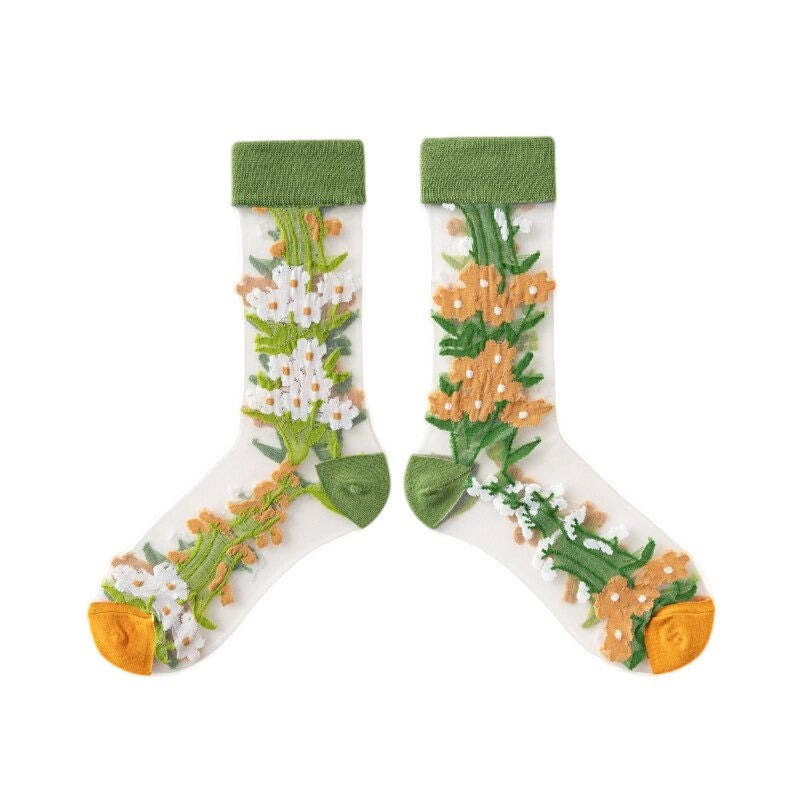Anysox 5 Pairs Yellow Green Size 5-9 Sock Harajuku Crystal Silk Tide Socks With Flower Vines Comfortable To Wear Prefect For Women-Socks-PEROZ Accessories