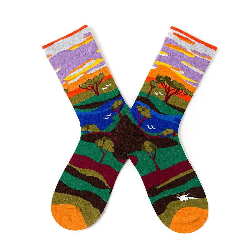 Anysox 5 Pairs Size 5-9 Fashion Socks Combed Cotton Art Abstract Nature Oil Painting Novelty Happy Funny Christmas Gift for Women-Socks-PEROZ Accessories