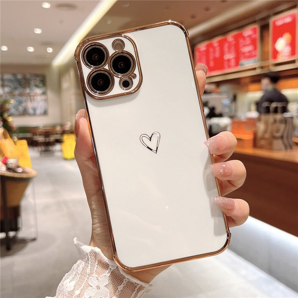 Anymob iPhone Case White Love Heart Gold Plating Soft Shockproof Cover iPhone 13 12 11 Pro Max X XS Max XR 12 13 2020 Compatible-Mobile Phone Cases-PEROZ Accessories