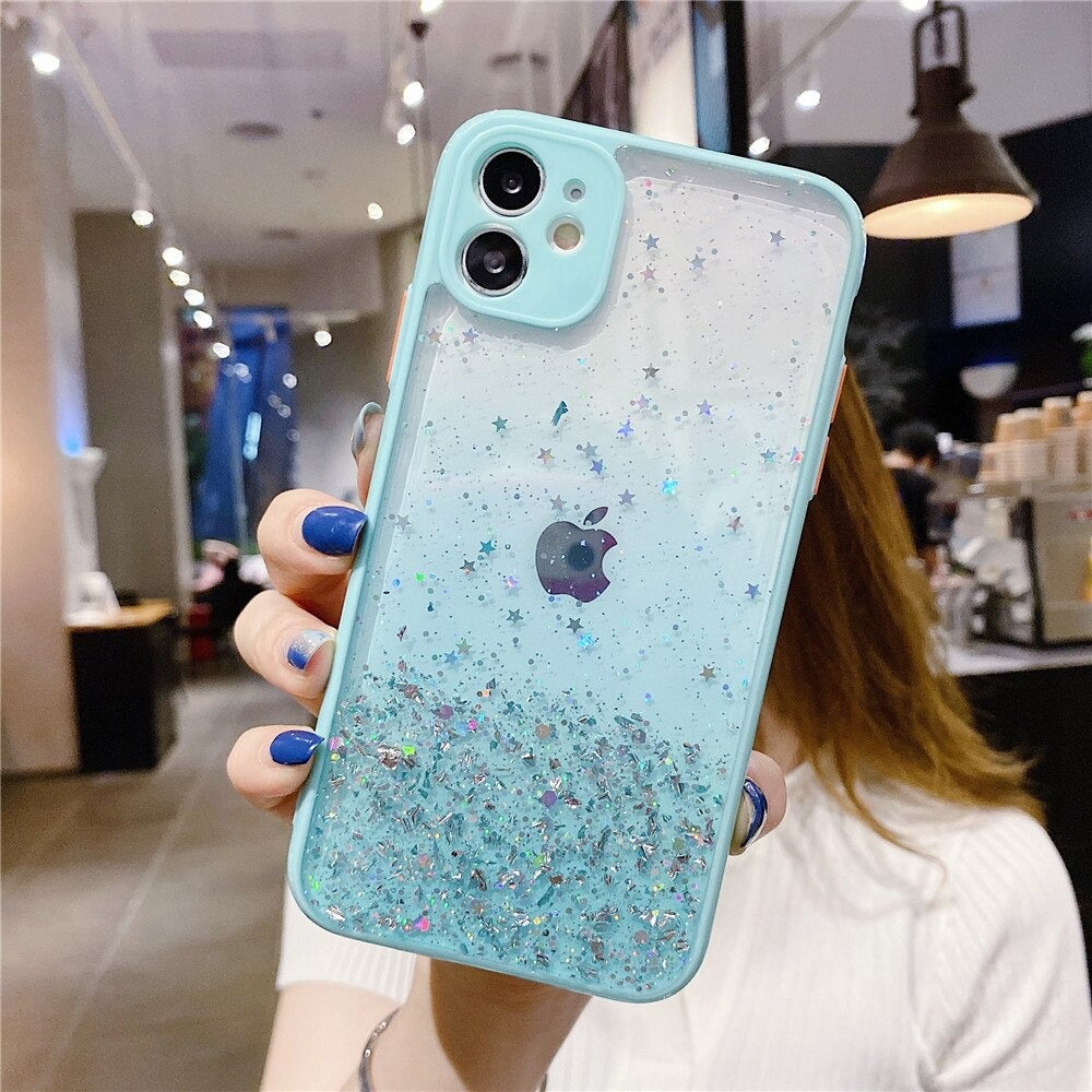 Anymob iPhone Case Light Blue Luxury Glitter Sequins Camera Protection Silicone For 13 11 12 Pro Max XR XS Max 7 8 Plus SE 2020-Mobile Phone Cases-PEROZ Accessories