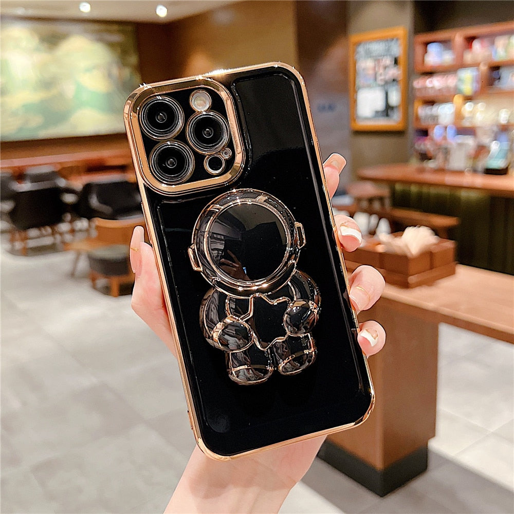 Anymob iPhone Black Astronaut Ring Holder Stand Phone Case With Electroplating Protection Silicone Cover-Mobile Phone Cases-PEROZ Accessories