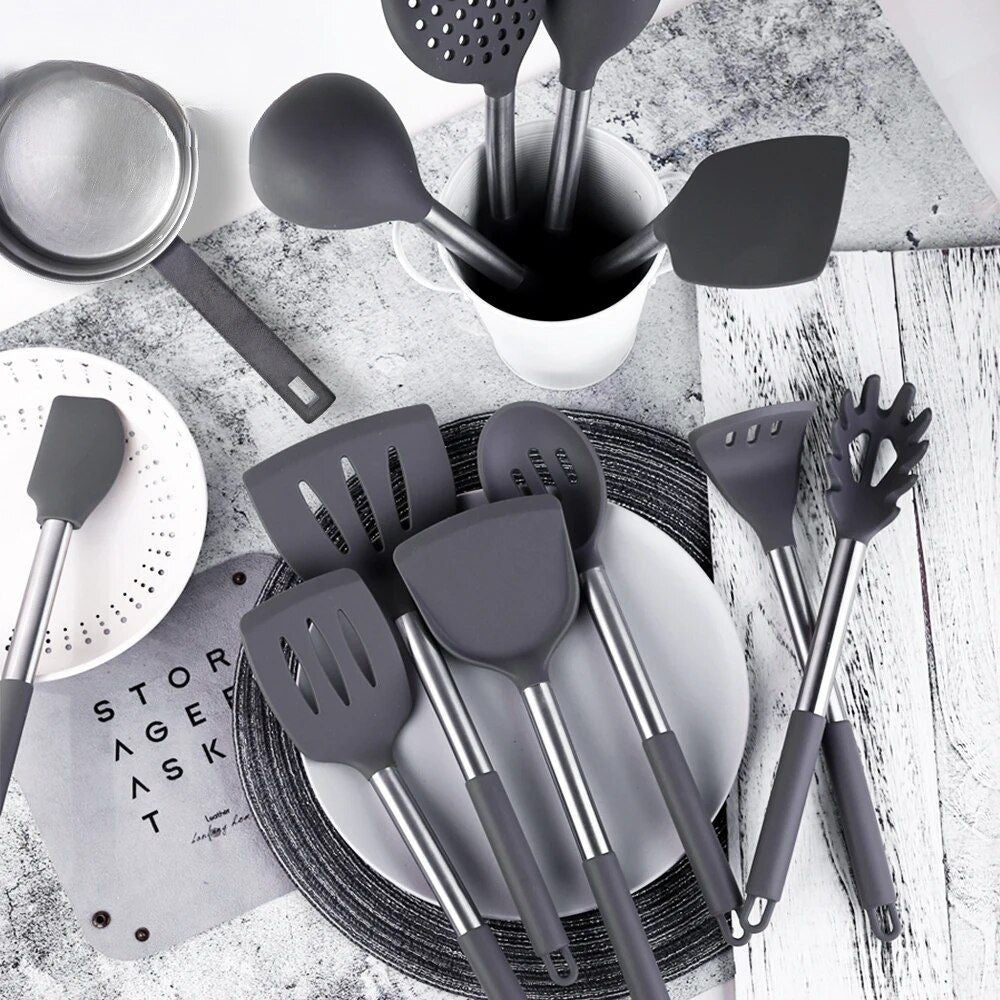 Anygleam Kitchen Utensils Non-stick Grey/ Silver 5 Set Cooking Tool Accessories Heat Resistant Kitchenware-PEROZ Accessories