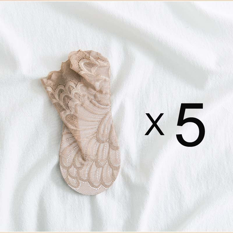 Anysox 5 Pairs One Size 4-5 Khaki Fashion Summer Socks With Style Lace Peacock Flower Short Ankle Socks For Women-Socks-PEROZ Accessories