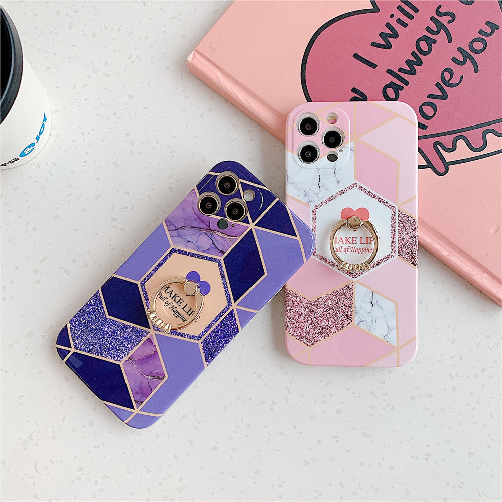 Anymob iPhone Case Purple Geometric Marble with Ring Kickstand Silicone Shells-Mobile Phone Cases-PEROZ Accessories