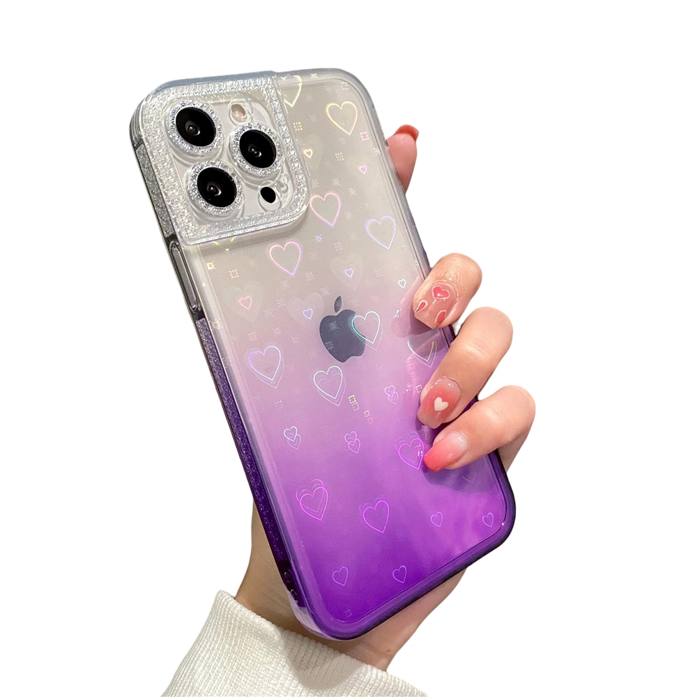 Anymob iPhone Case Purple Gradient Reflective Holographic Love Heart Diamond Camera Soft Cover-Mobile Phone Cases-PEROZ Accessories