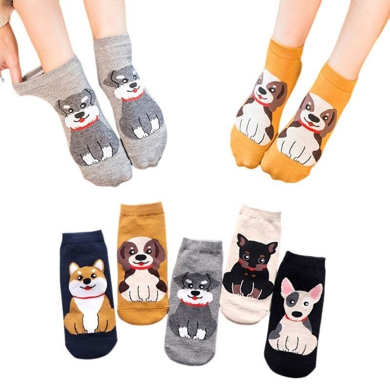 Anysox 5 Pairs One Size 5-9 Multicolor Dog Spring Summer Fashion Women Cotton Sox Cartoon Cute Girl Happy Funny Socks-Socks-PEROZ Accessories
