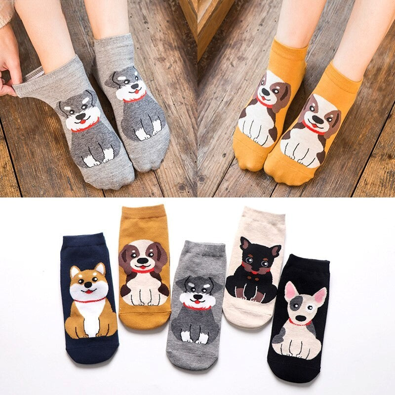 Anysox 5 Pairs One Size 5-9 Multicolor Dog Spring Summer Fashion Women Cotton Sox Cartoon Cute Girl Happy Funny Socks-Socks-PEROZ Accessories