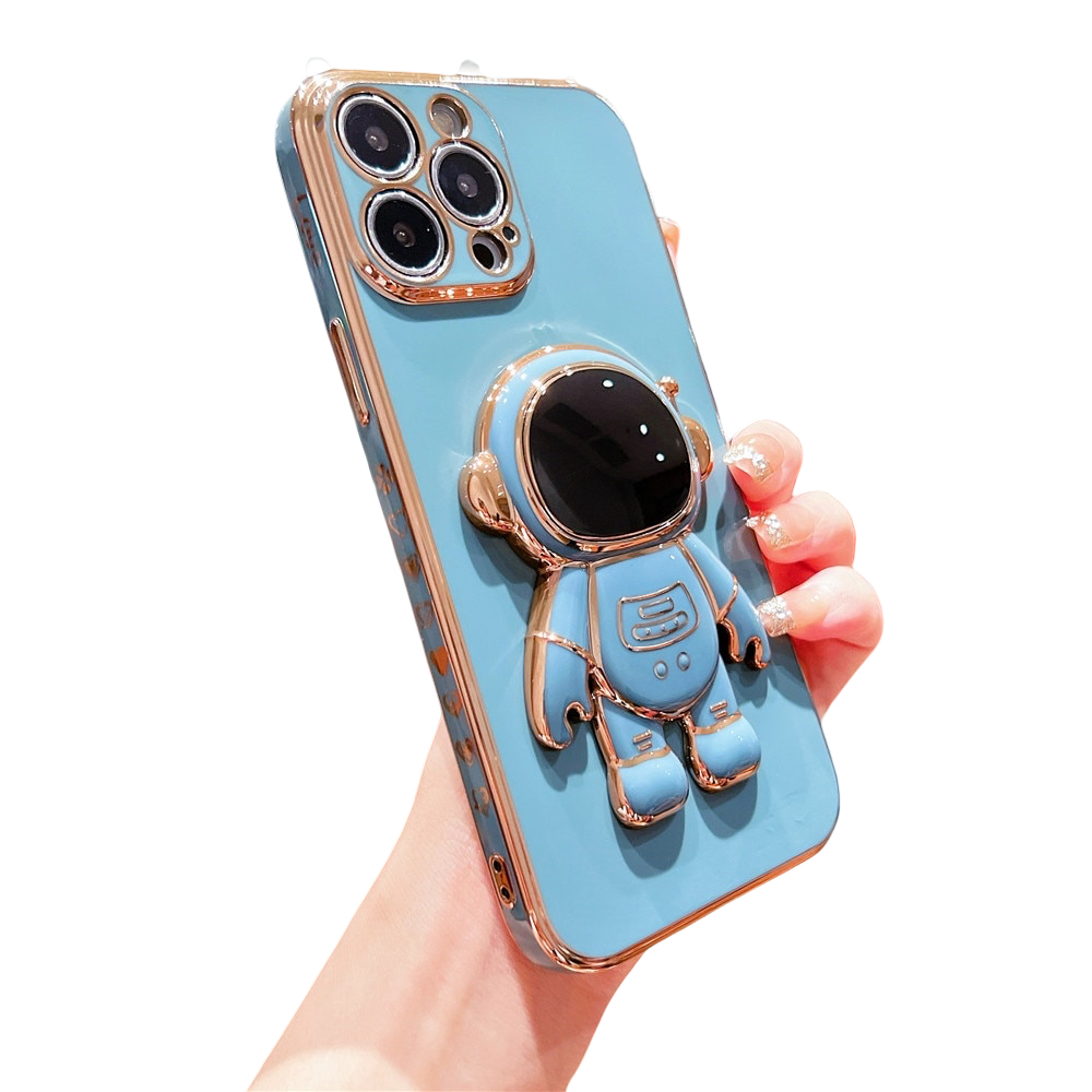Anymob iPhone Case Sky Blue Plating Astronaut Stand Holder Lens Protection Heart Pattern Cover-Mobile Phone Cases-PEROZ Accessories