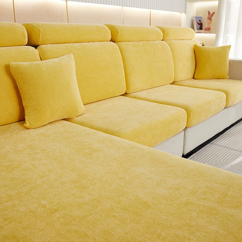 Anyhouz Sofa Cover Pastel Yellow L-Shape Polyester Chenille Thick Stretchable Cushion For Living Room Back Cushion-Slipcovers-PEROZ Accessories