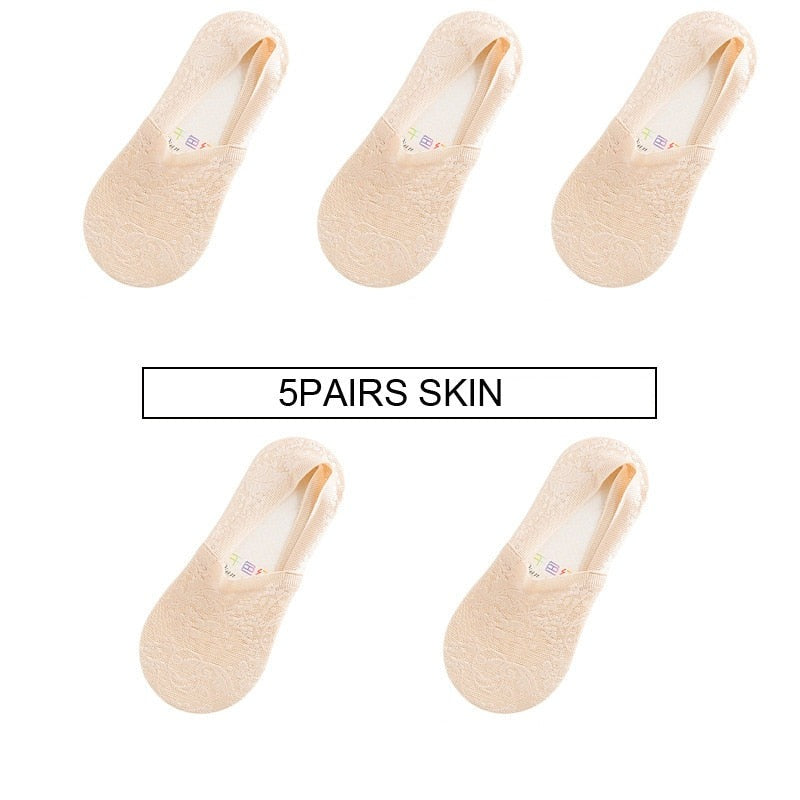 Anysox 5 Pairs Size 5-9 Fashion Socks Lace Flower Style Breathable Antiskid Invisible Ankle Socks for Women Beige-Socks-PEROZ Accessories