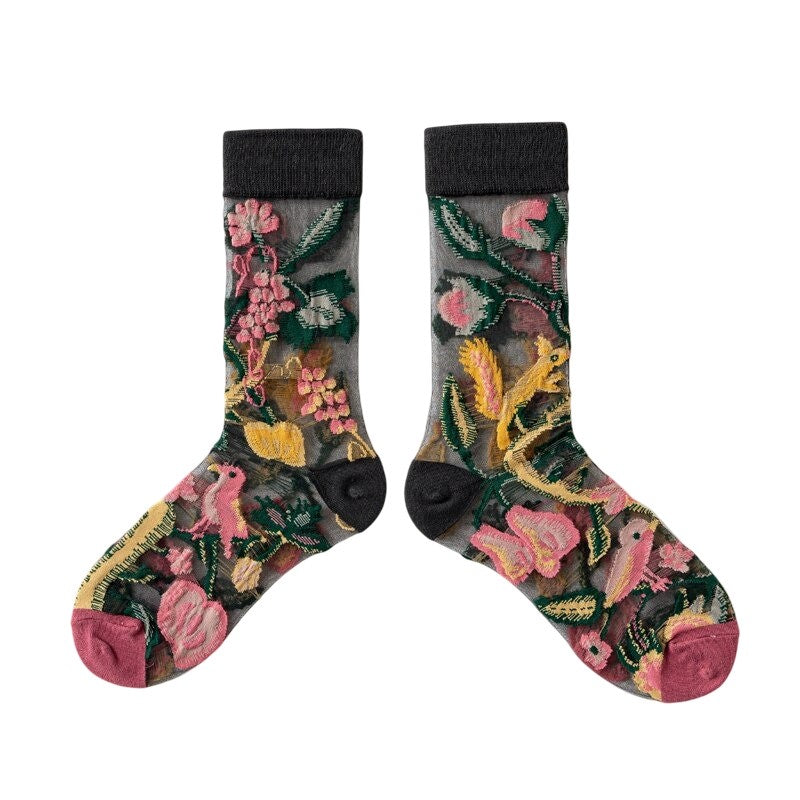 Anysox 5 Pairs Black Size 5-9 Sock Harajuku Crystal Silk Tide Socks With Flower Vines Comfortable To Wear Prefect For Women-Socks-PEROZ Accessories