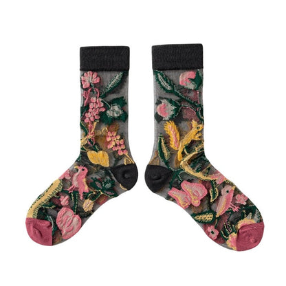 Anysox 5 Pairs Black Size 5-9 Sock Harajuku Crystal Silk Tide Socks With Flower Vines Comfortable To Wear Prefect For Women-Socks-PEROZ Accessories