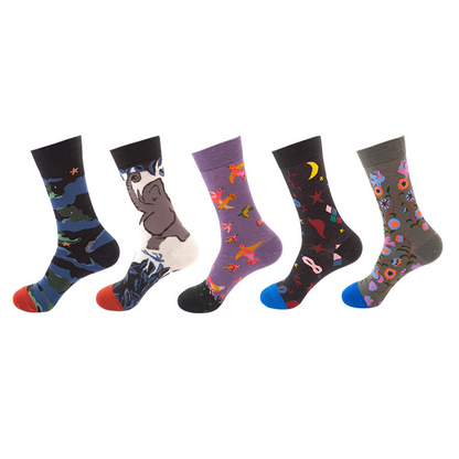 Anysox 5 Pairs One Size 5-11 Mixed Color Socks Living Things Cotton Fashion Woman Skateboard Oil Paitiing-Socks-PEROZ Accessories