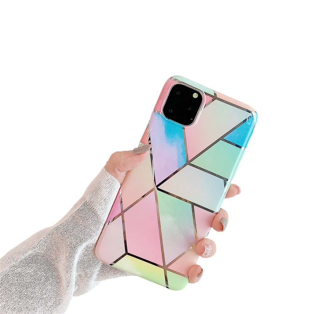 Anymob iPhone Unicorn Color Plating Geometric Marble Phone Case Glossy Soft Back Cover-Mobile Phone Cases-PEROZ Accessories