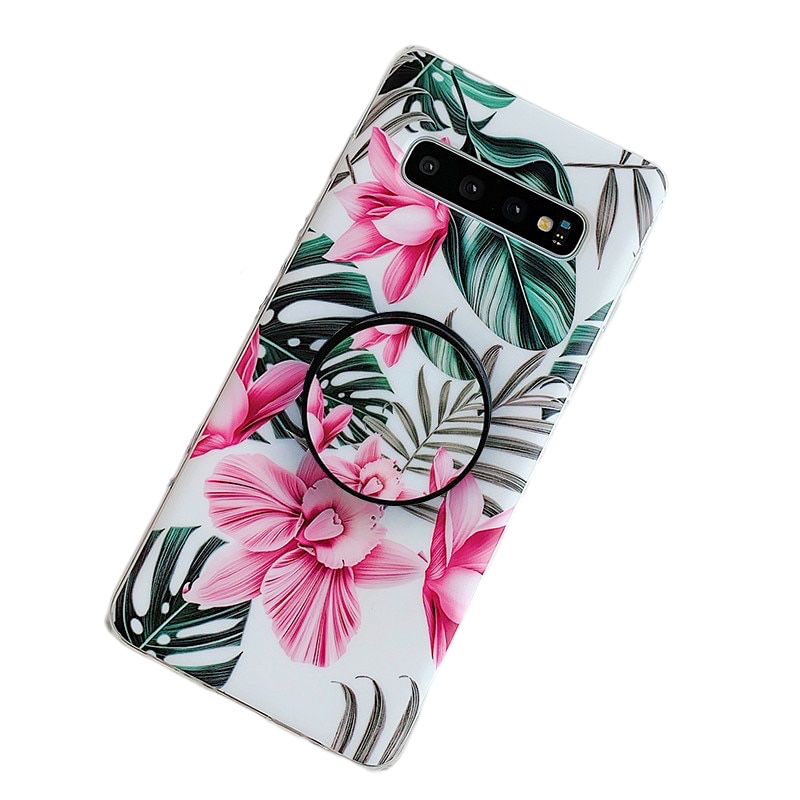 Anymob Samsung Case Pink Floral Design Art Leaf Flower Silicon With Holder Stand Phone Cover-Mobile Phone Cases-PEROZ Accessories