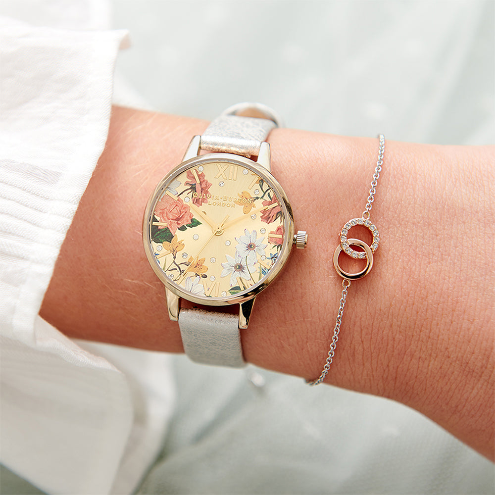 Olivia Burton Shimmer Pearl Leather Pale Gold &amp; Floral Dial Ladies Watch - OB16BF35-Quartz Watches-PEROZ Accessories